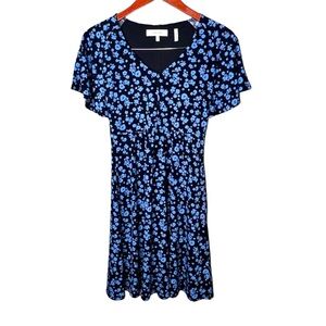 Lark & Ro Flutter Sleeve Fit & Flare Jersey Knit Dress Size 2 Blue Floral Jersey